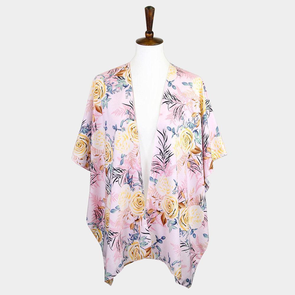 Pink Garden Rose Flower Printed Cover Up Poncho Kimono Poncho - Jewelry Store by Erik Rayo