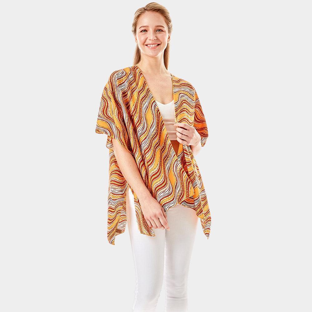 Mustard Wavy Printed Lurex Cover Up Poncho Kimono Poncho - Jewelry Store by Erik Rayo