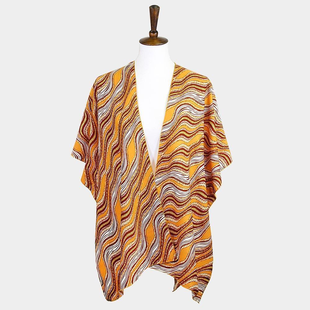 Mustard Wavy Printed Lurex Cover Up Poncho Kimono Poncho - Jewelry Store by Erik Rayo