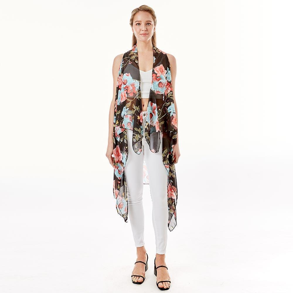 Black Rose Flower Patterned Cover Up Vest - Jewelry Store by Erik Rayo