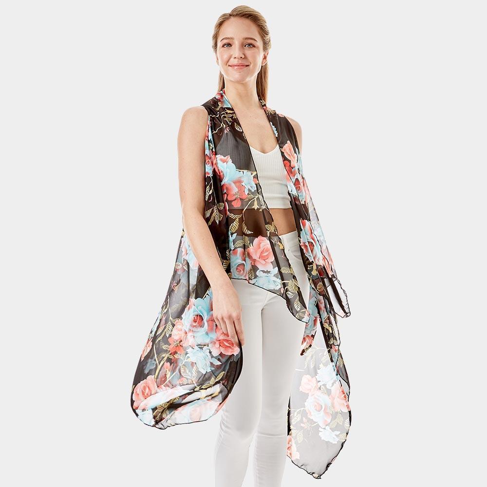 Black Rose Flower Patterned Cover Up Vest - Jewelry Store by Erik Rayo