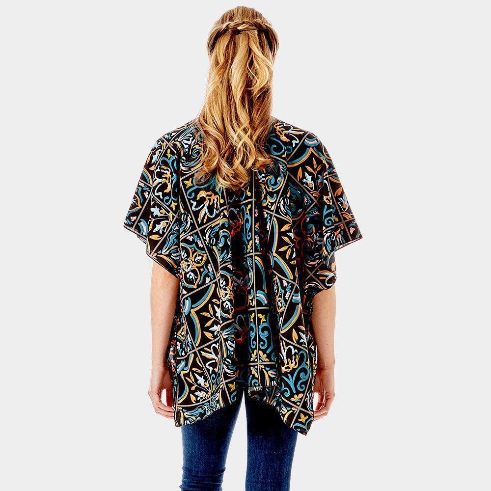 Black Medieval Floral Tiles Printed Cover Up Kimono Poncho - Jewelry Store by Erik Rayo