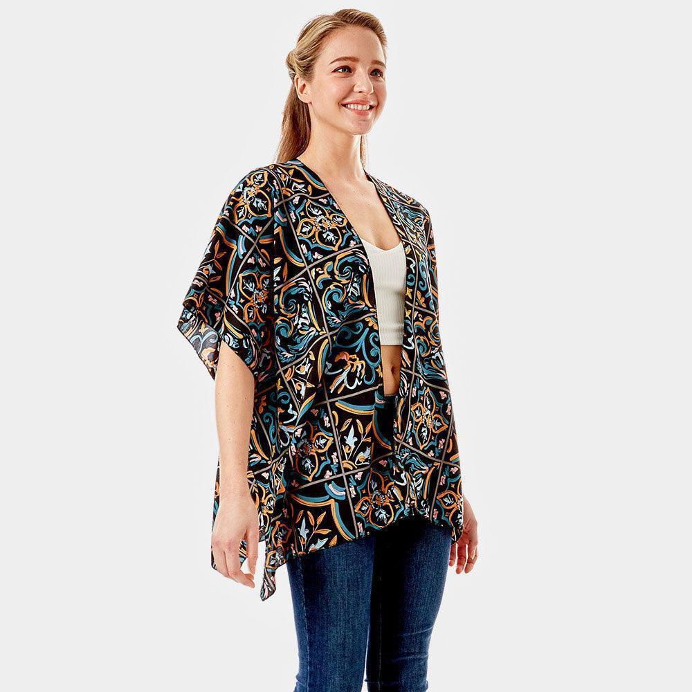 Black Medieval Floral Tiles Printed Cover Up Kimono Poncho - Jewelry Store by Erik Rayo