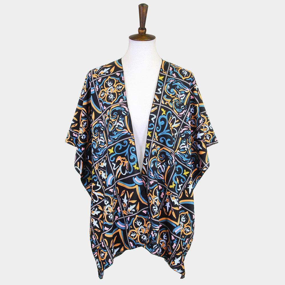 Black Medieval Floral Tiles Printed Cover Up Kimono Poncho - Jewelry Store by Erik Rayo