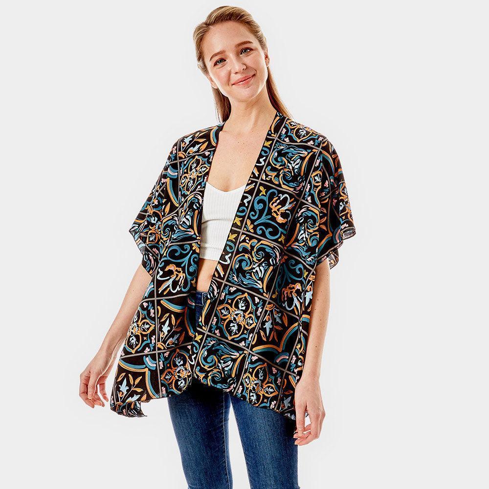 Black Medieval Floral Tiles Printed Cover Up Kimono Poncho - Jewelry Store by Erik Rayo