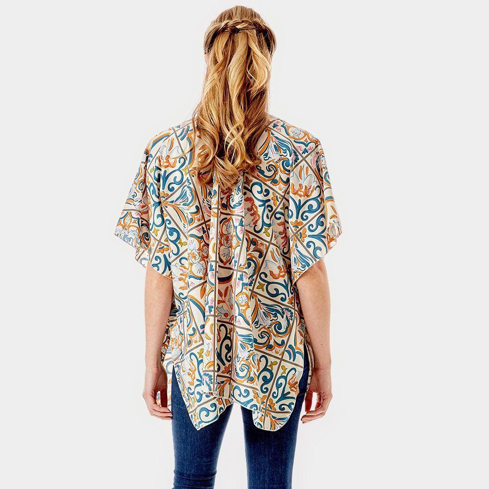 Ivory Medieval Floral Tiles Printed Cover Up Kimono Poncho - Jewelry Store by Erik Rayo