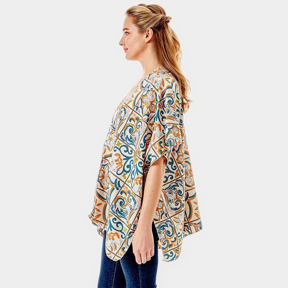 Ivory Medieval Floral Tiles Printed Cover Up Kimono Poncho - Jewelry Store by Erik Rayo