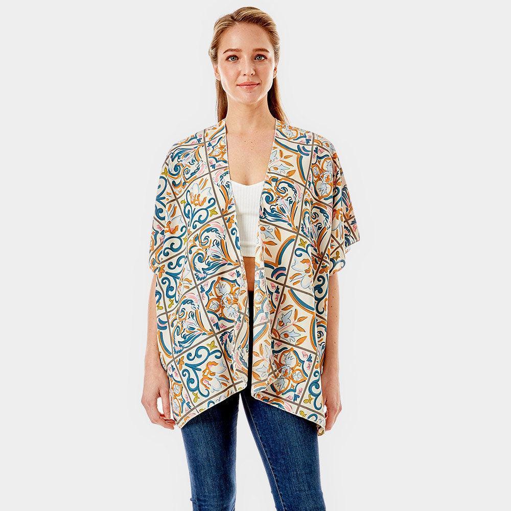 Ivory Medieval Floral Tiles Printed Cover Up Kimono Poncho - Jewelry Store by Erik Rayo