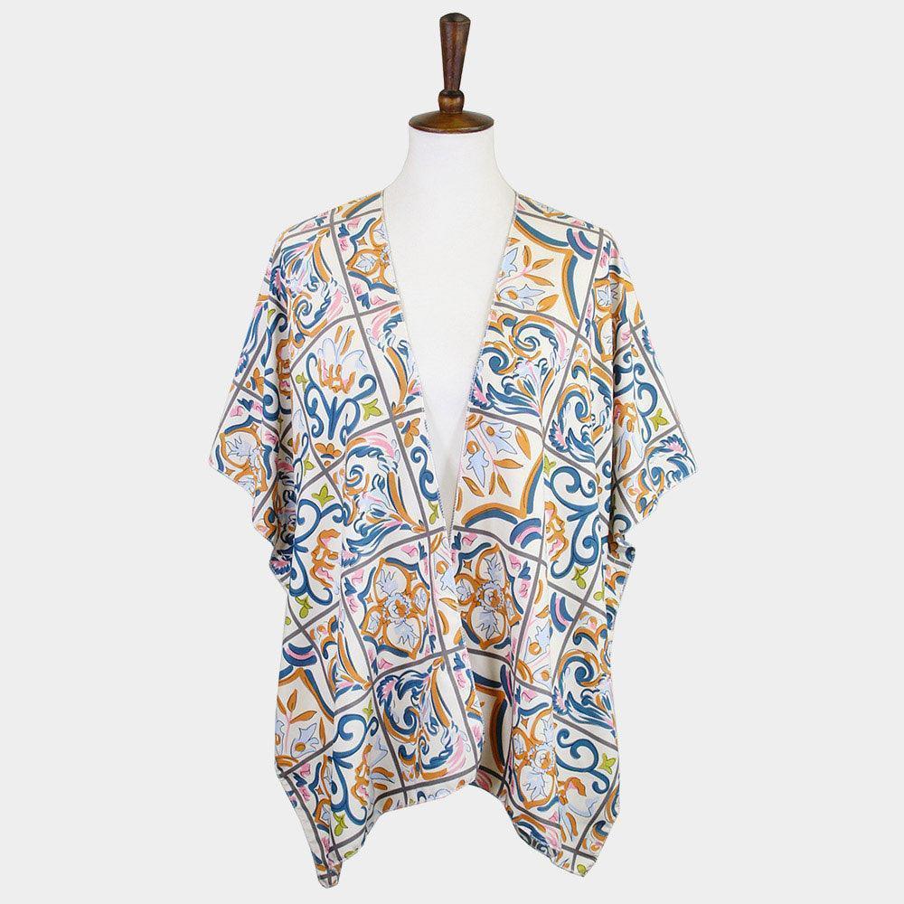 Ivory Medieval Floral Tiles Printed Cover Up Kimono Poncho - Jewelry Store by Erik Rayo