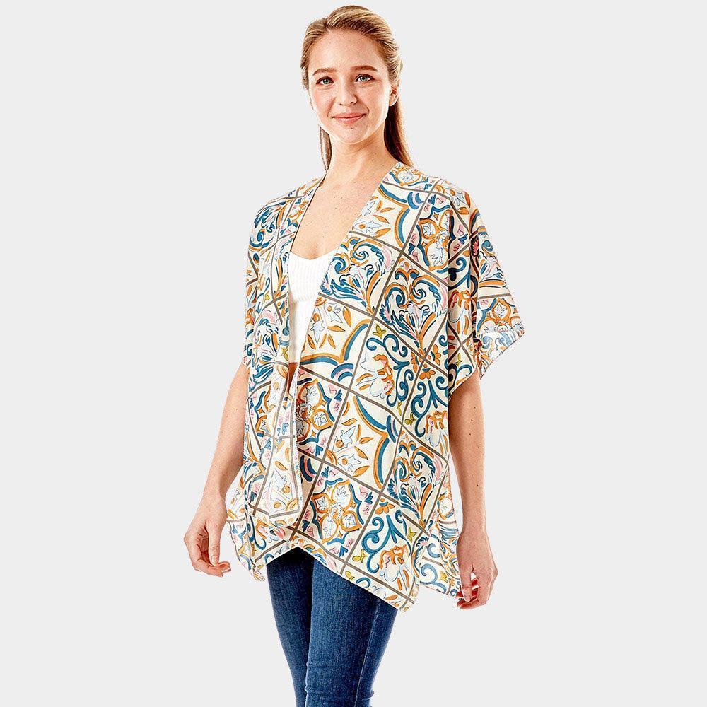 Ivory Medieval Floral Tiles Printed Cover Up Kimono Poncho - Jewelry Store by Erik Rayo