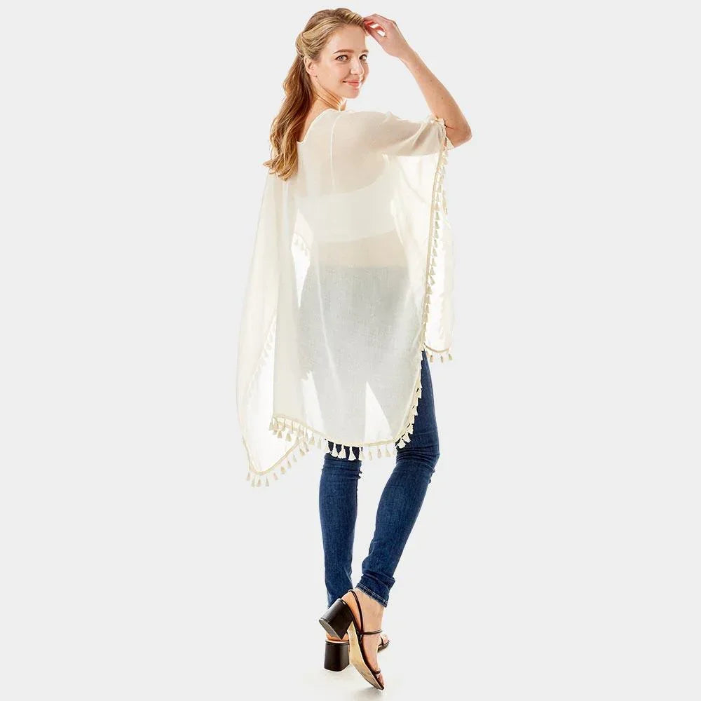 Ivory Tassel Trimmed Solid Cover Up - Jewelry Store by Erik Rayo