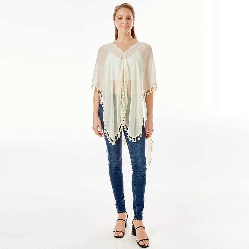 Ivory Tassel Trimmed Solid Cover Up - Jewelry Store by Erik Rayo