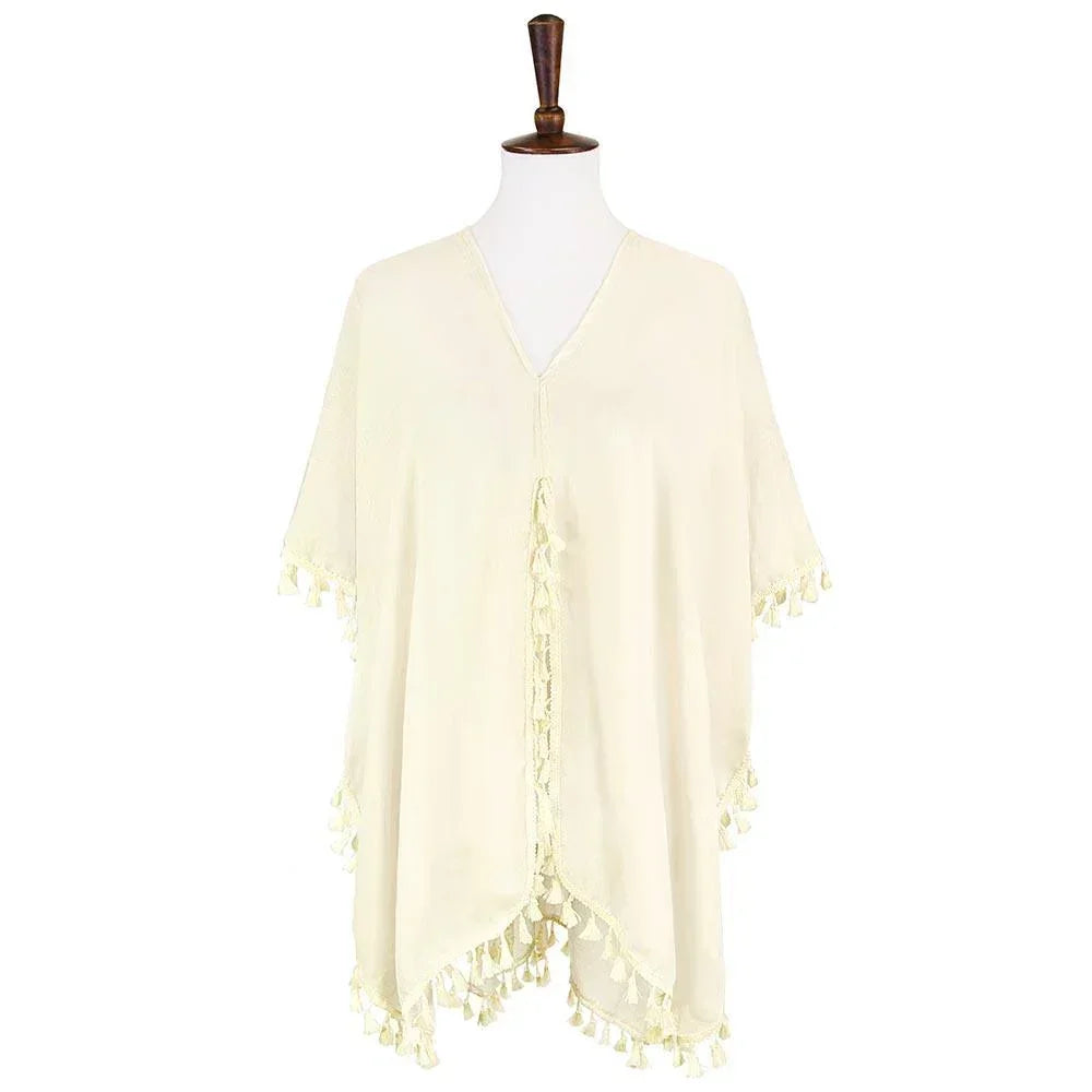 Ivory Tassel Trimmed Solid Cover Up - Jewelry Store by Erik Rayo