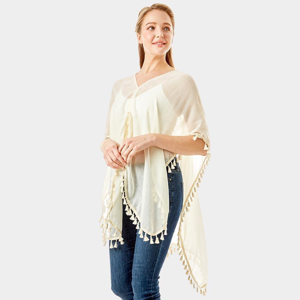 Ivory Tassel Trimmed Solid Cover Up - Jewelry Store by Erik Rayo