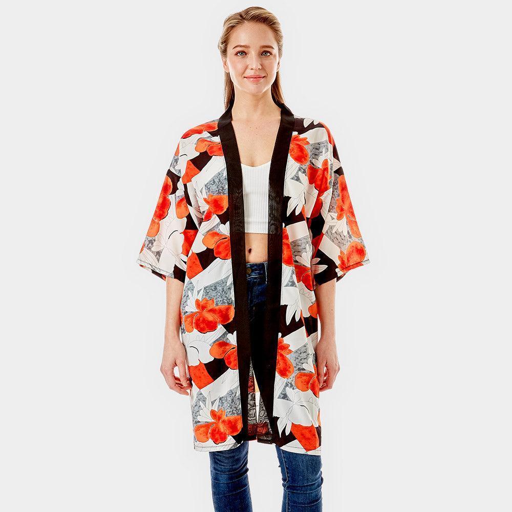 Coral Tropical Printed Half Sleeves Cover Up Kimono Poncho - Jewelry Store by Erik Rayo