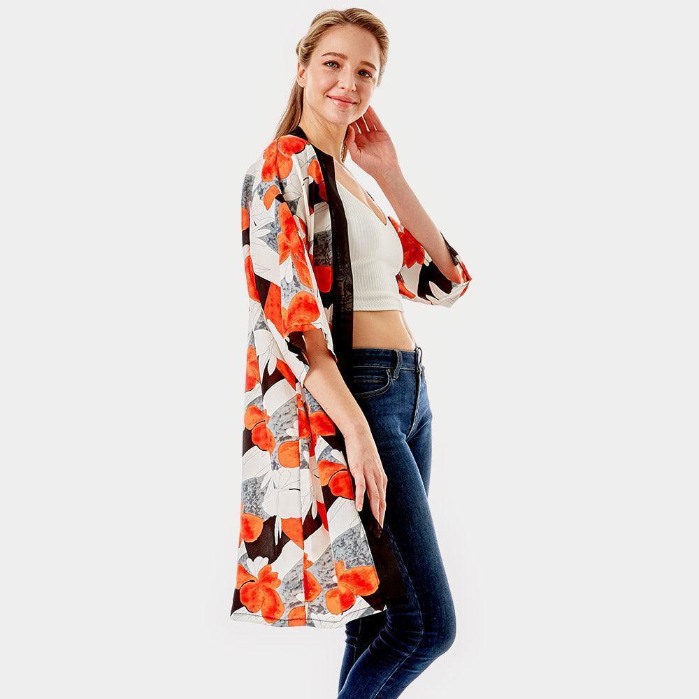 Coral Tropical Printed Half Sleeves Cover Up Kimono Poncho - Jewelry Store by Erik Rayo