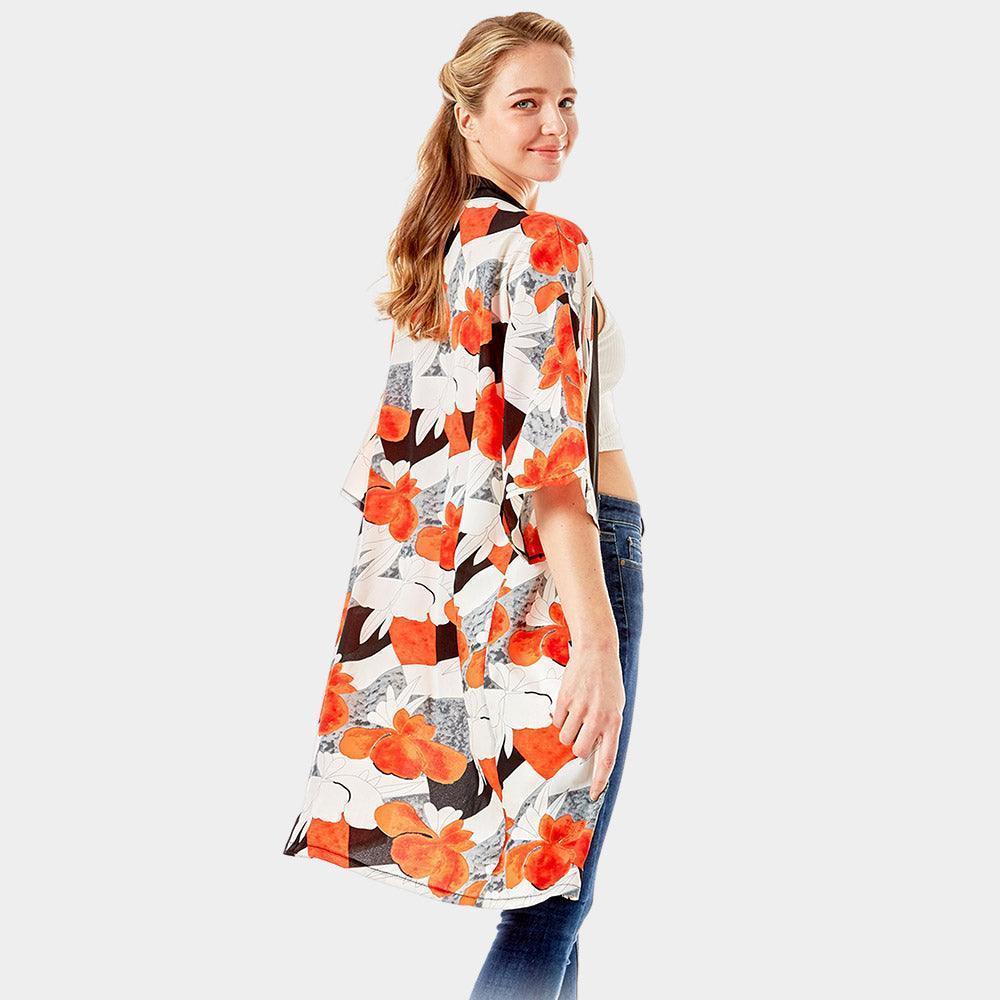 Coral Tropical Printed Half Sleeves Cover Up Kimono Poncho - Jewelry Store by Erik Rayo
