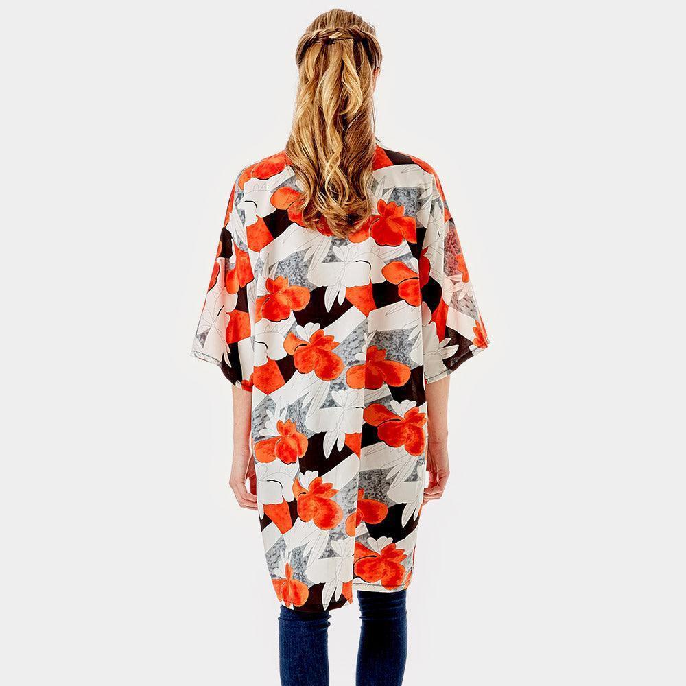 Coral Tropical Printed Half Sleeves Cover Up Kimono Poncho - Jewelry Store by Erik Rayo