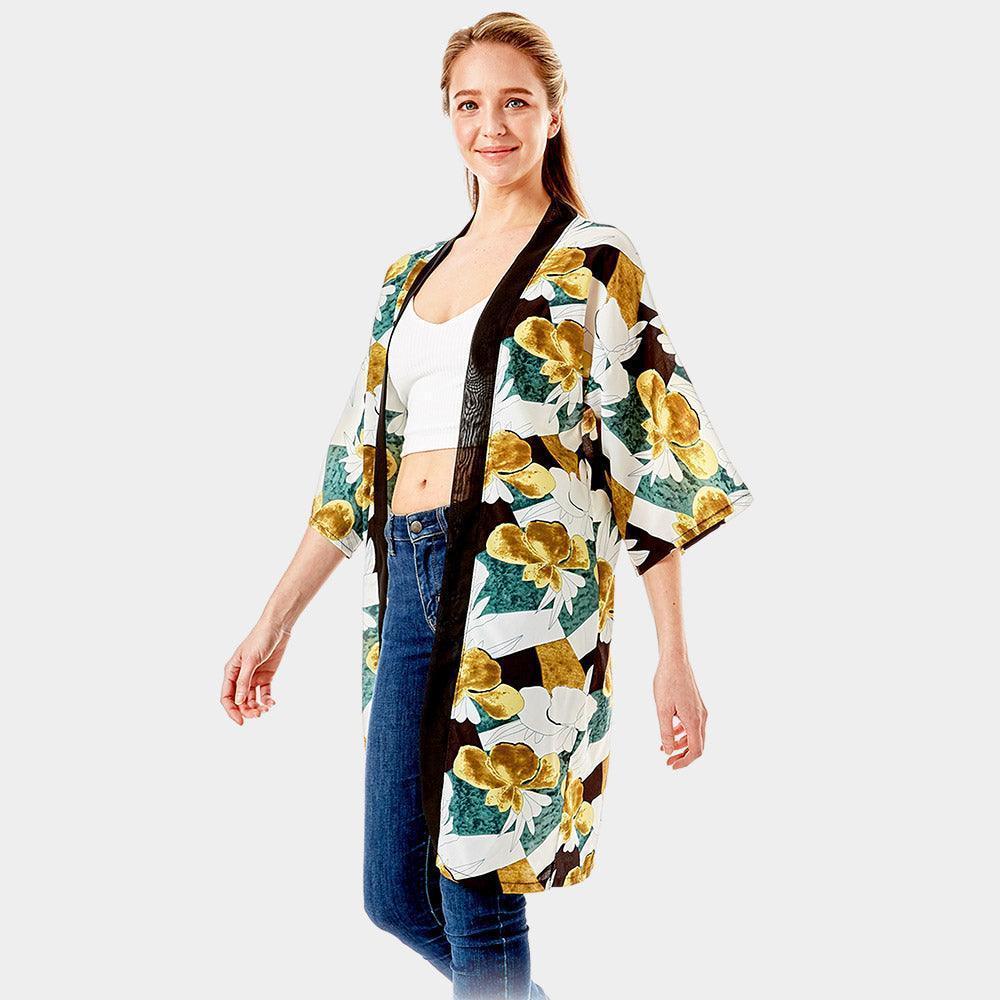 Green Tropical Printed Half Sleeves Cover Up Kimono Poncho - Jewelry Store by Erik Rayo