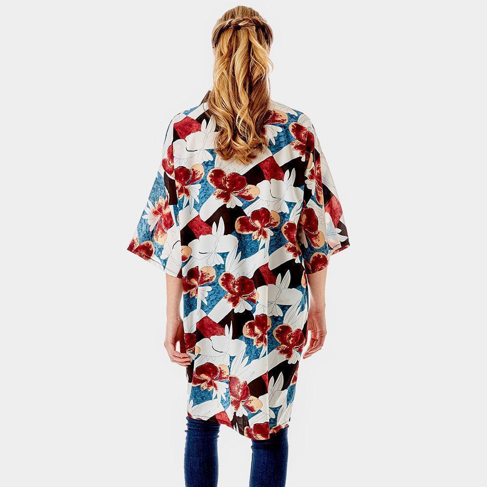 Teal Tropical Printed Half Sleeves Cover Up Kimono Poncho - Jewelry Store by Erik Rayo