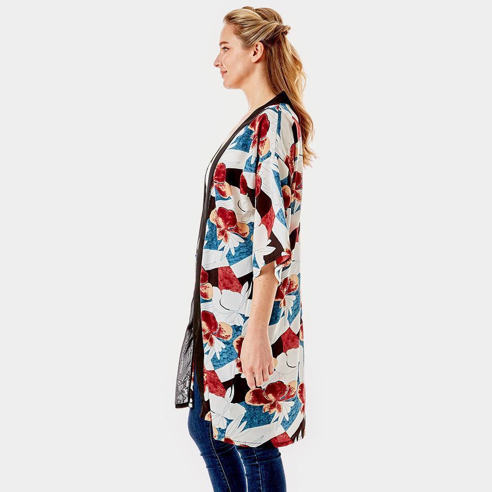 Teal Tropical Printed Half Sleeves Cover Up Kimono Poncho - Jewelry Store by Erik Rayo