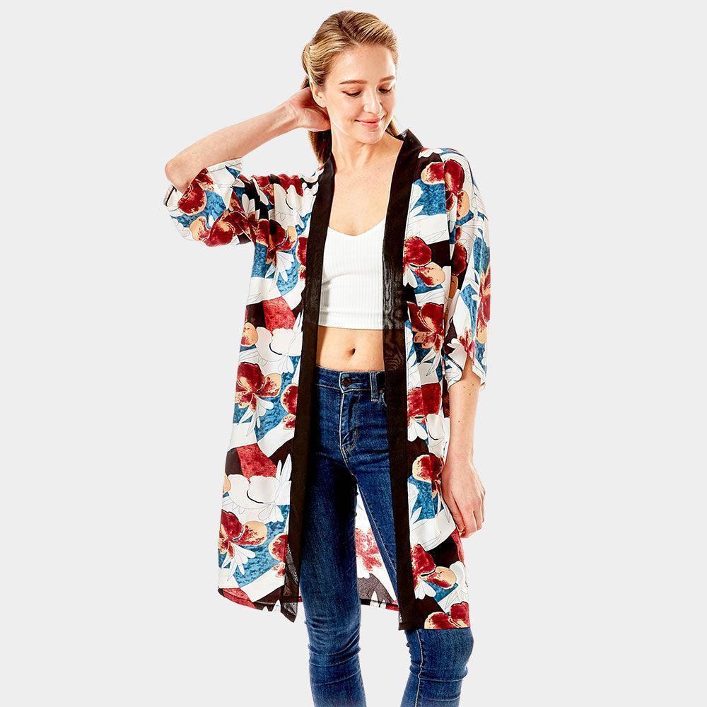 Teal Tropical Printed Half Sleeves Cover Up Kimono Poncho - Jewelry Store by Erik Rayo