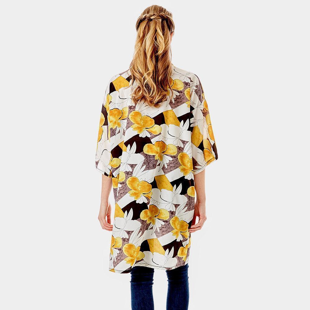 Yellow Tropical Printed Half Sleeves Cover Up Kimono Poncho - Jewelry Store by Erik Rayo