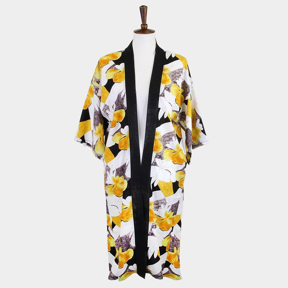 Yellow Tropical Printed Half Sleeves Cover Up Kimono Poncho - Jewelry Store by Erik Rayo