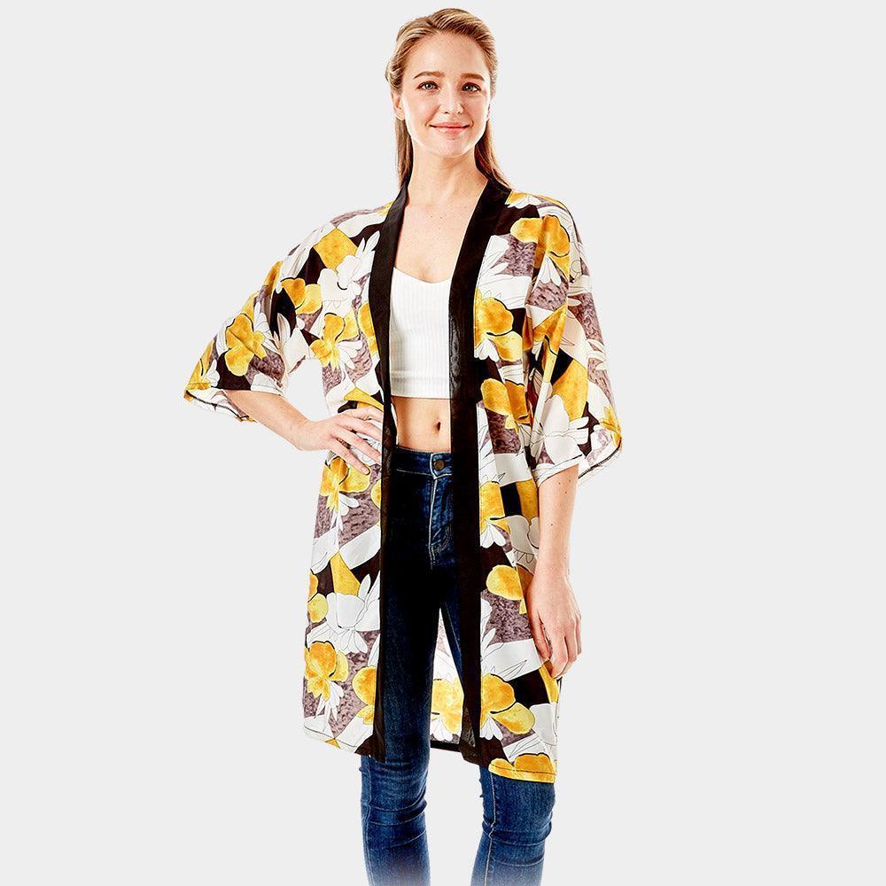 Yellow Tropical Printed Half Sleeves Cover Up Kimono Poncho - Jewelry Store by Erik Rayo