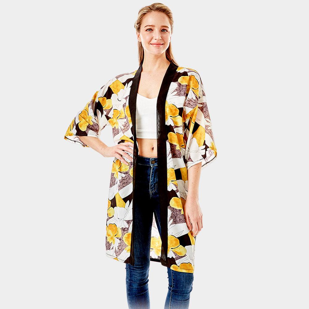 Yellow Tropical Printed Half Sleeves Cover Up Kimono Poncho