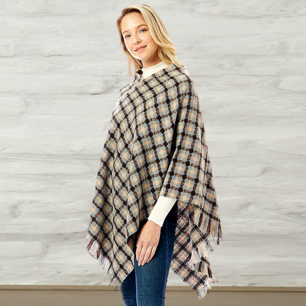 Blue Diamond Pattern Knitted Poncho