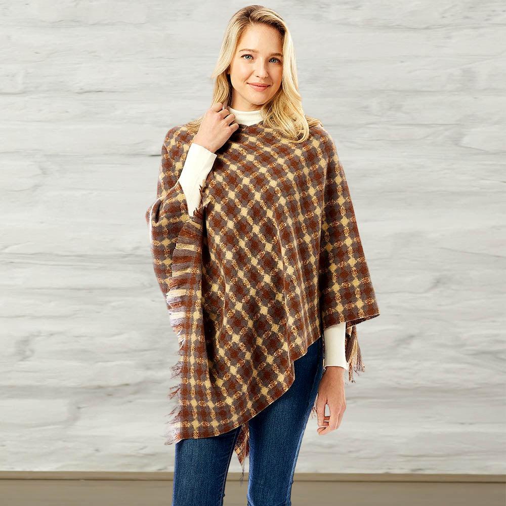 Brown Diamond Pattern Knitted Poncho