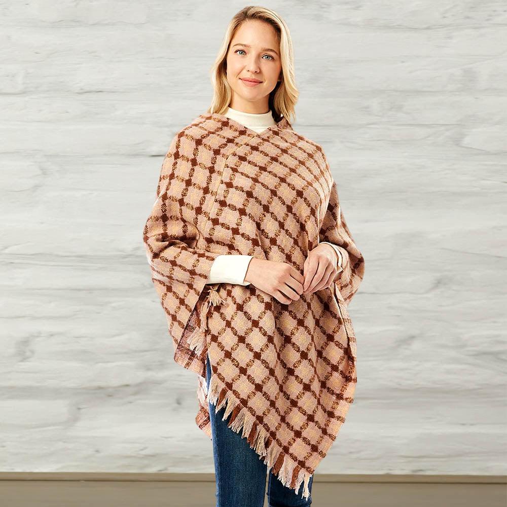 Pink Diamond Pattern Knitted Poncho