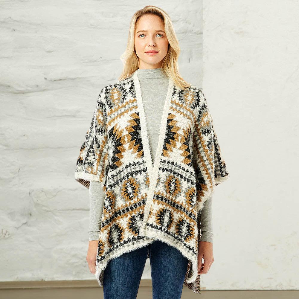 Beige Aztec Pattern Ruana Poncho