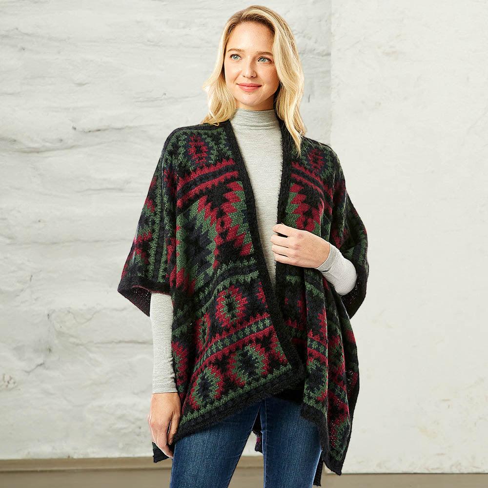 Black Aztec Pattern Ruana Poncho