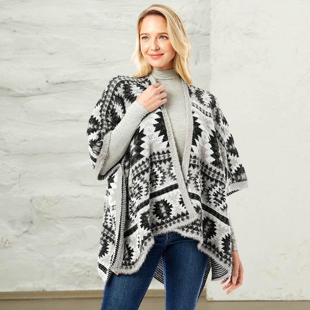 Gray Aztec Pattern Ruana Poncho