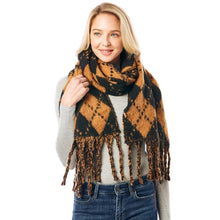 Load image into Gallery viewer, Brown Argyle Print Oblong Scarf With Fringe
