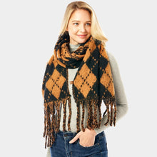 Load image into Gallery viewer, Brown Argyle Print Oblong Scarf With Fringe
