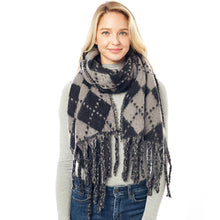 Load image into Gallery viewer, Gray Argyle Print Oblong Scarf With Fringe
