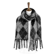 Load image into Gallery viewer, Gray Argyle Print Oblong Scarf With Fringe
