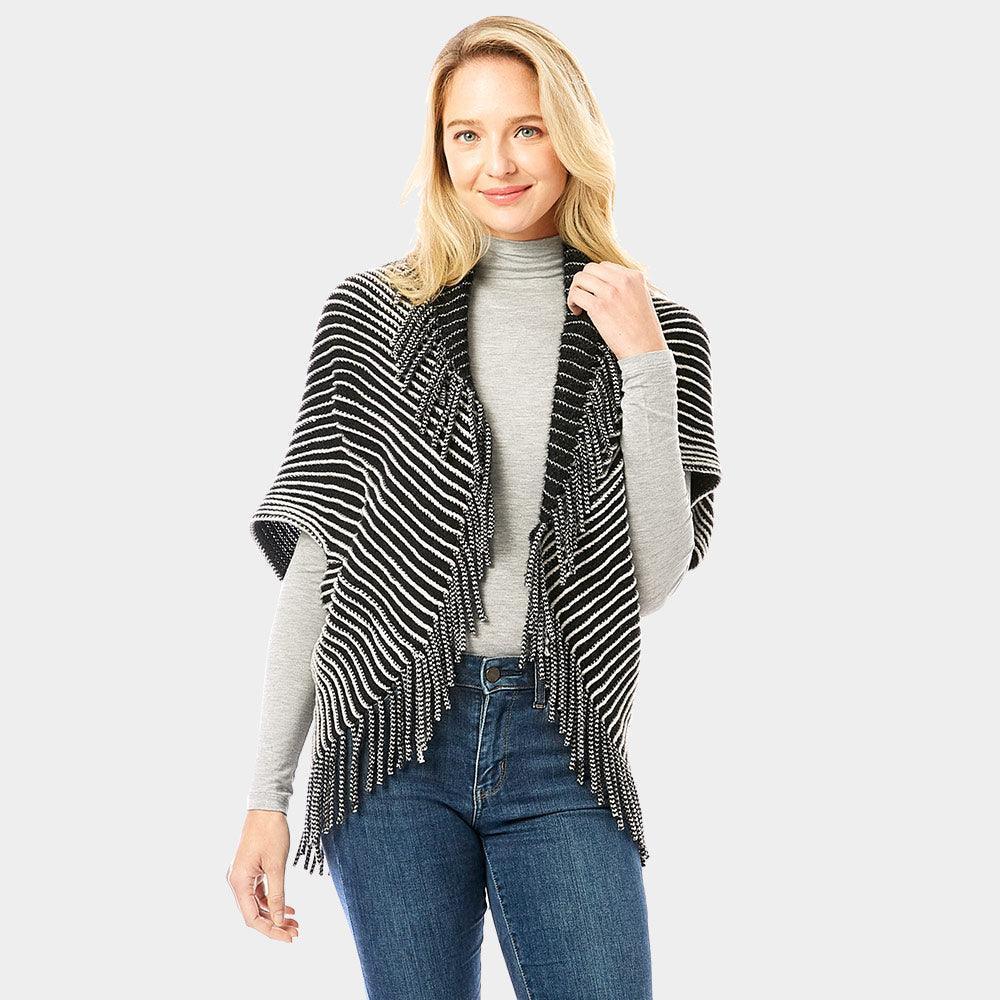 Black Striped Chenille Shrug With Fringe