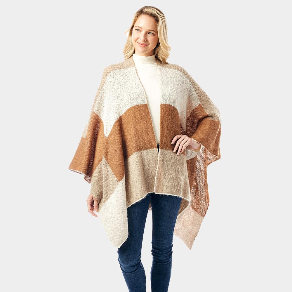 Beige Color Block Ruana Poncho