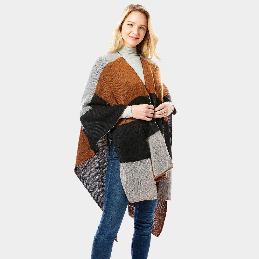 Black Color Block Ruana Poncho