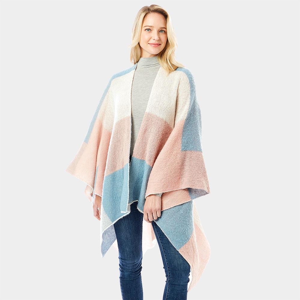 Pink Color Block Ruana Poncho