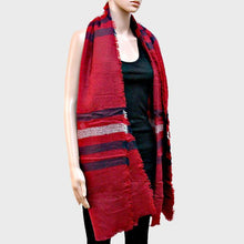 Load image into Gallery viewer, Burgundy Stripe Accented Knit Shawl Scarf with Raw Fringe Trim
