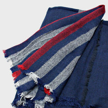 Load image into Gallery viewer, Navy Stripe Accented Knit Shawl Scarf with Raw Fringe Trim
