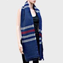 Load image into Gallery viewer, Navy Stripe Accented Knit Shawl Scarf with Raw Fringe Trim
