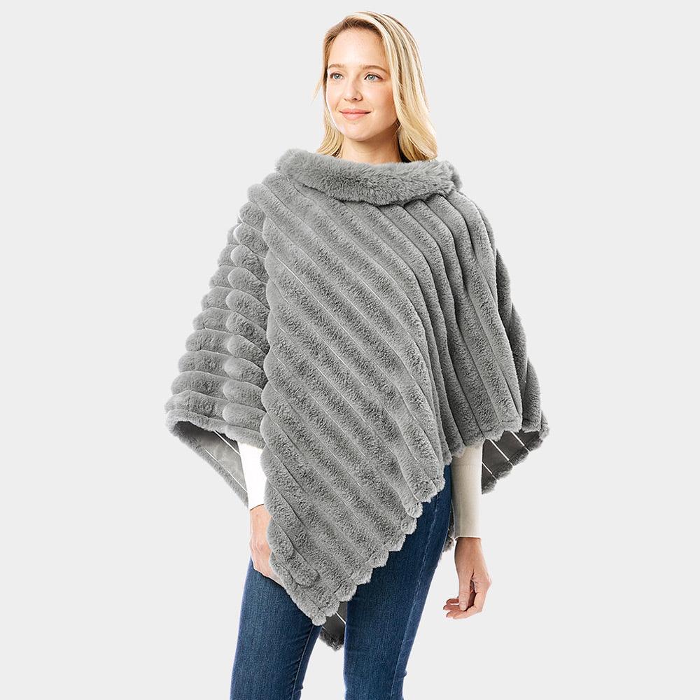 Gray Soft Faux Fur Collar Poncho