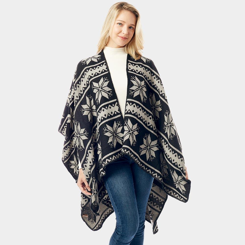 Black Reversible Snowflake Pattern Ruana Poncho