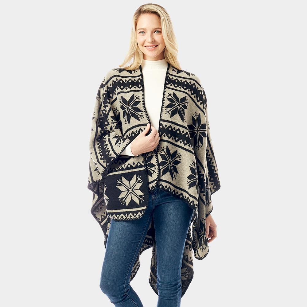 Black Reversible Snowflake Pattern Ruana Poncho - Jewelry Store by Erik Rayo